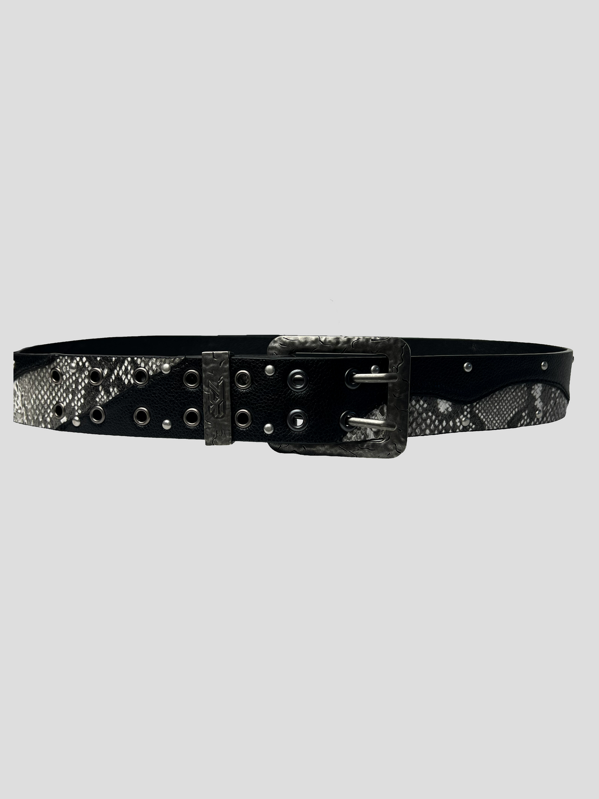 ONEFATE Snake Belt laid out flat, showing the snake-pattern panels, silver eyelets and double-pin buckle