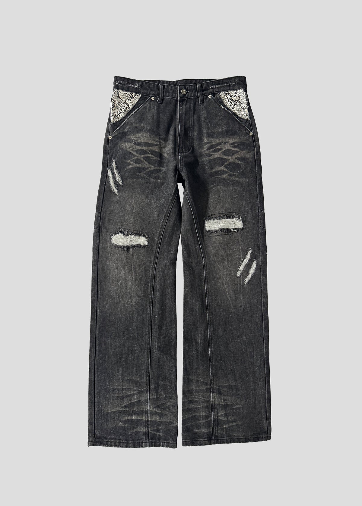 ONEFATE Snake Jeans in black washed denim, front view, with snake-pattern pocket panels and distressed rips