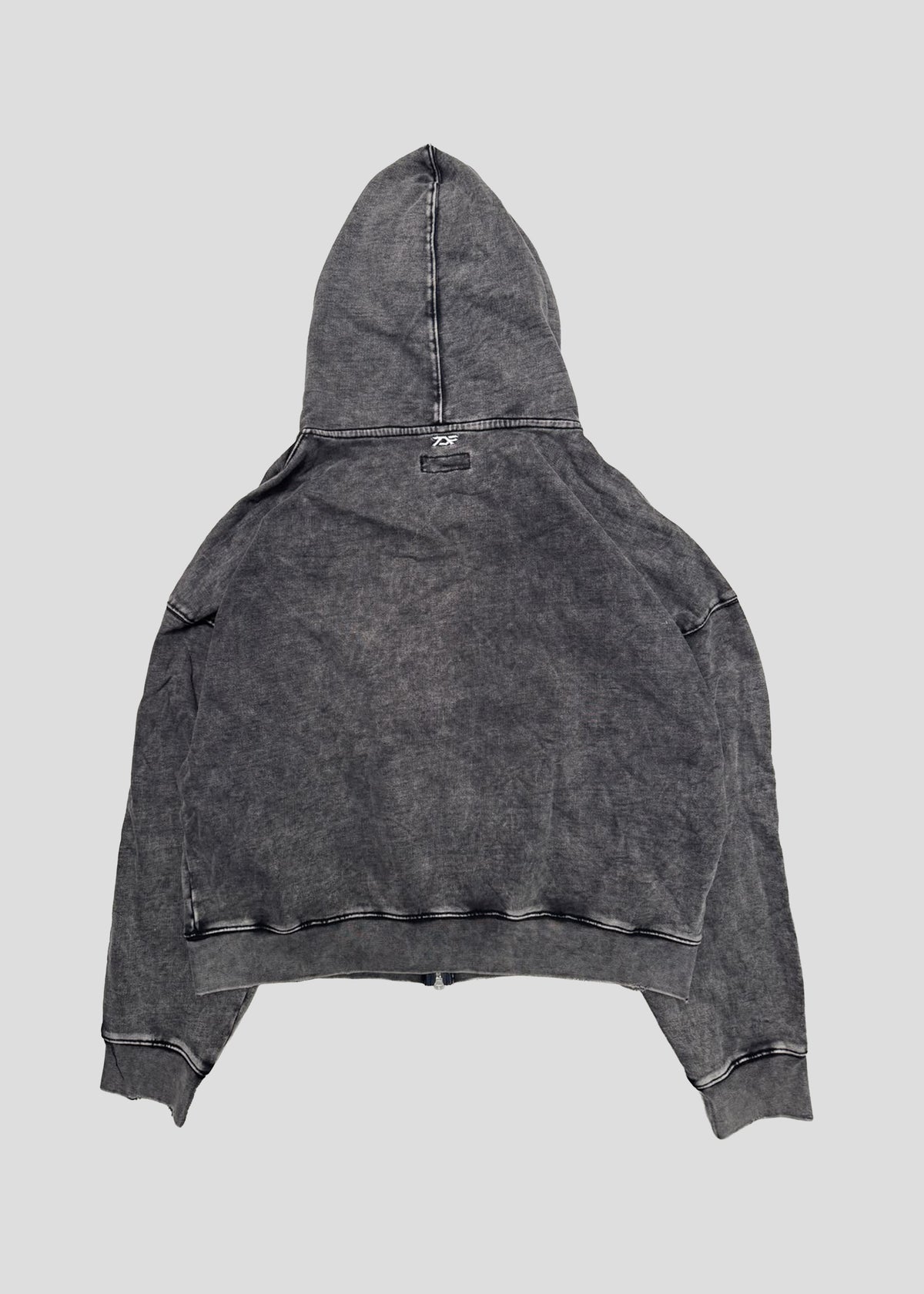ONEFATE Washed Zip-Hoodie in grey, back view, with a small woven logo label below the hood