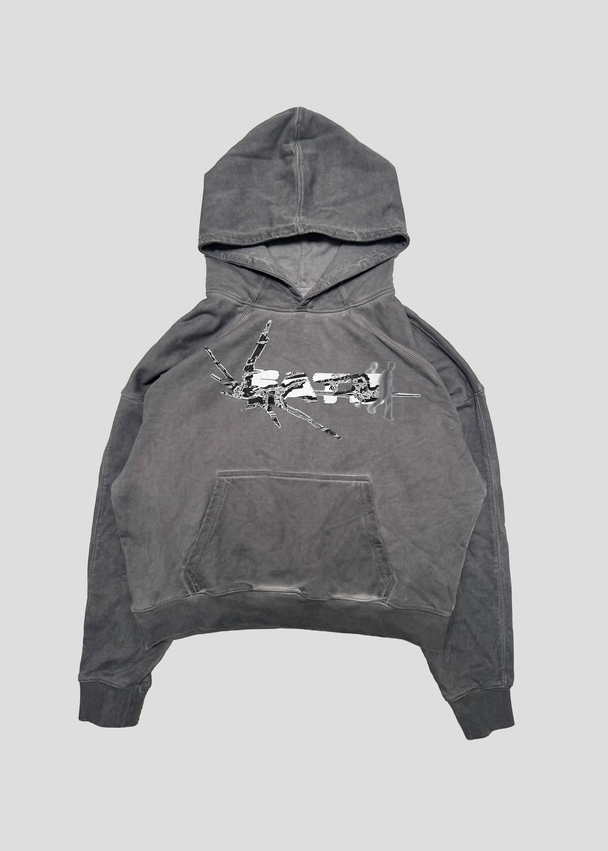 ONEFATE Dyed Hoodie in grey, front view, with kangaroo pocket and black and white ONEFATE chest print