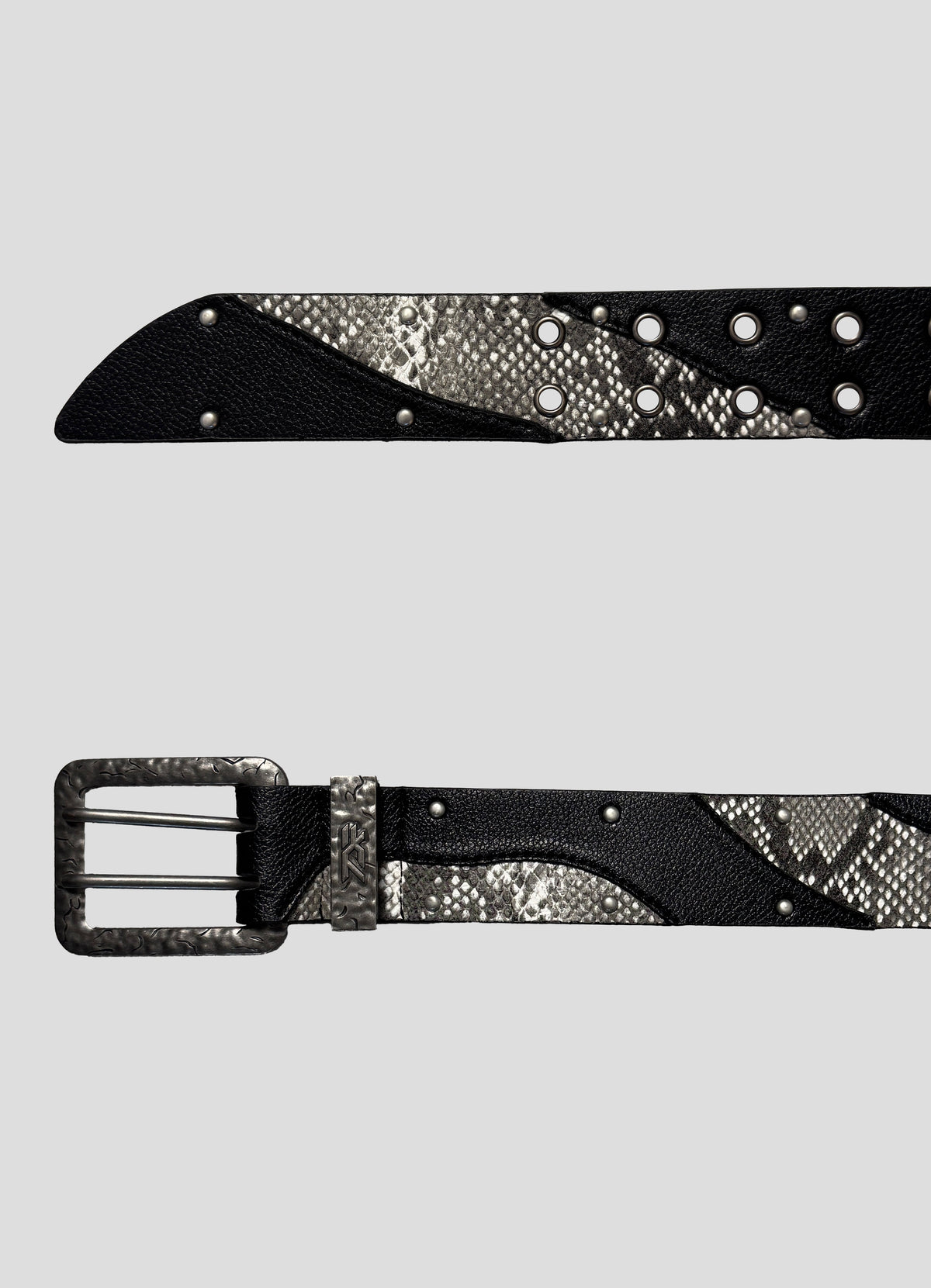 ONEFATE Snake Belt in black with snake-pattern panels, shown in two sections with silver studs and the pin buckle