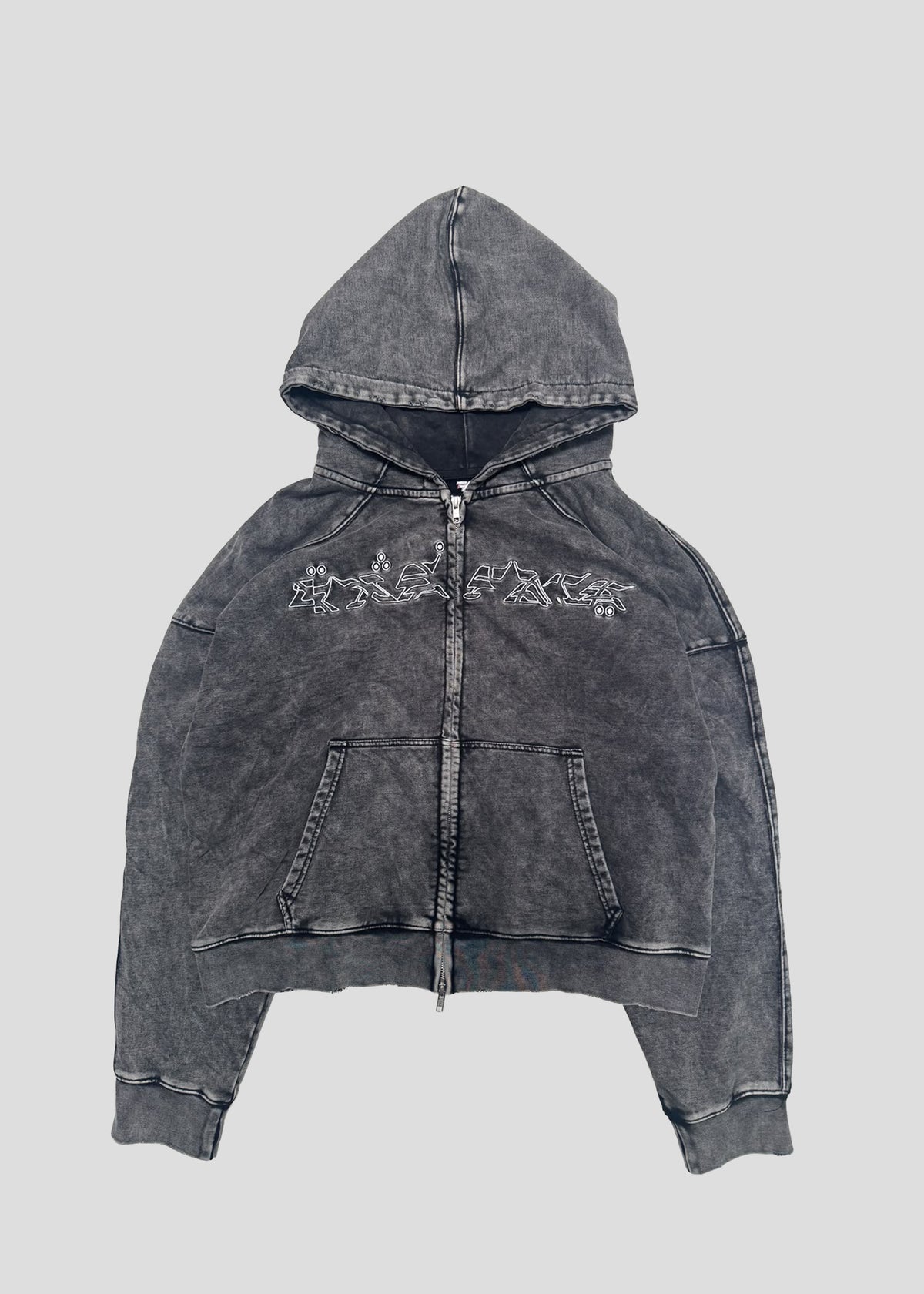 ONEFATE Washed Zip-Hoodie in grey, front view, with two-way zip, kangaroo pocket and white ONEFATE chest graphic