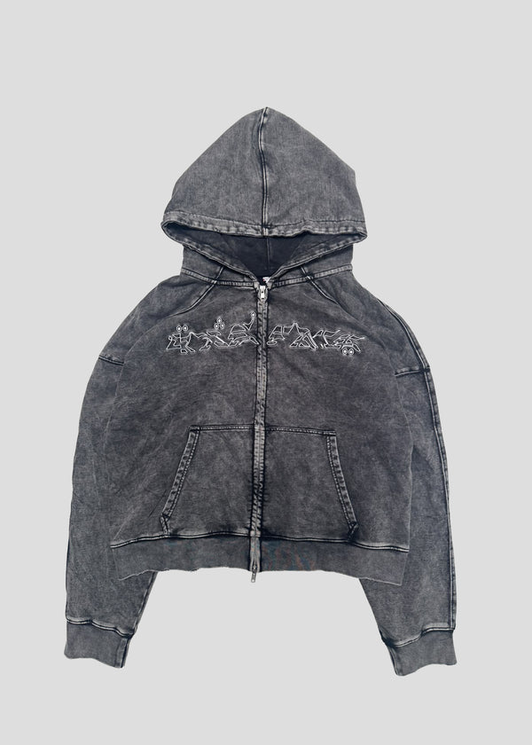 ONEFATE Washed Zip-Hoodie in grey, front view, with two-way zip, kangaroo pocket and white ONEFATE chest graphic