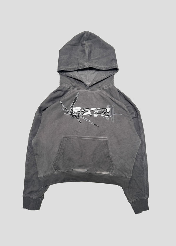 ONEFATE Dyed Hoodie in grey, front view, with kangaroo pocket and black and white ONEFATE chest print
